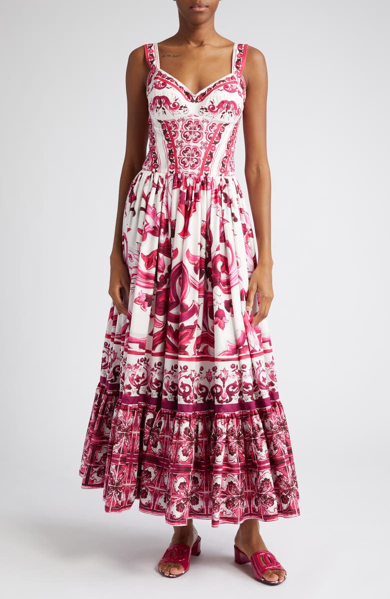 Dolce&Gabbana Majolica Cotton Poplin Bustier Dress, Main, color,