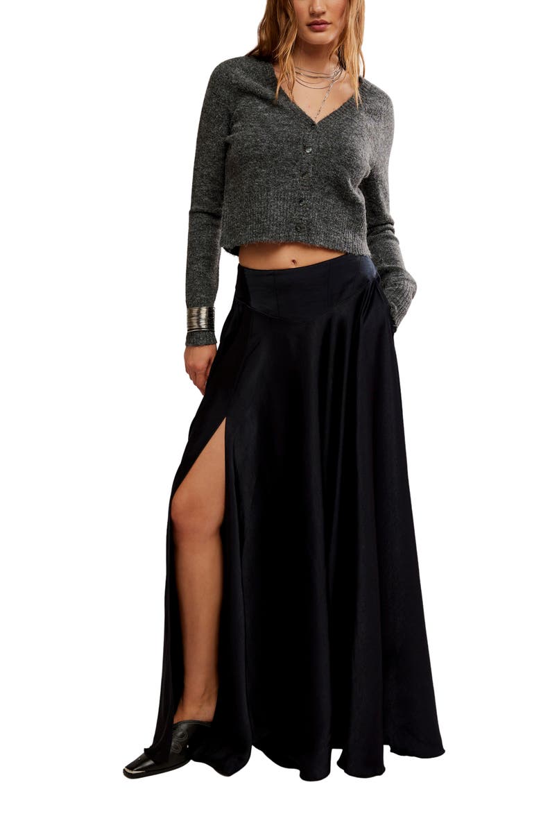 Free People Chilco Side Slit Satin Maxi Skirt, Alternate, color, Black