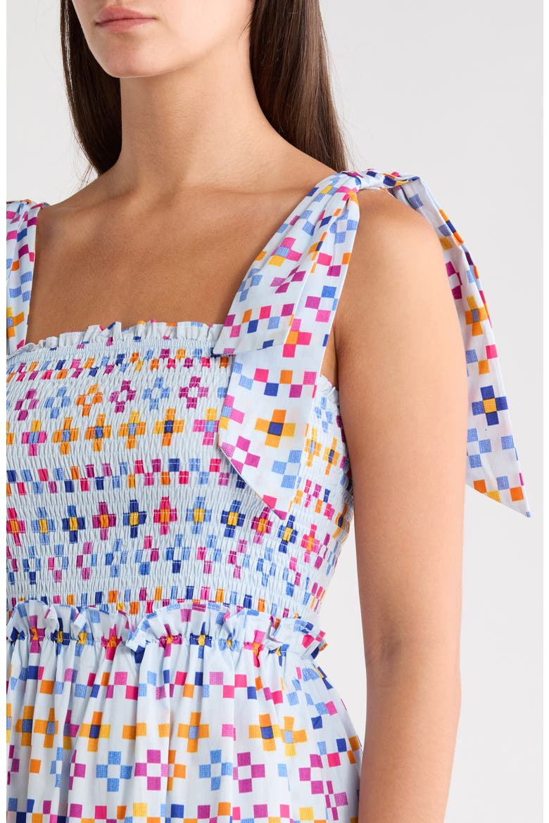 Kessa Mitzy Geo Smocked Midi Dress, Alternate, color, LIGHT-BLUE-MULTI