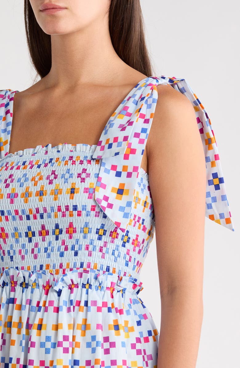 SUGARLIPS Kessa Mitzy Geo Smocked Midi Dress, Alternate, color, Light-Blue-Multi
