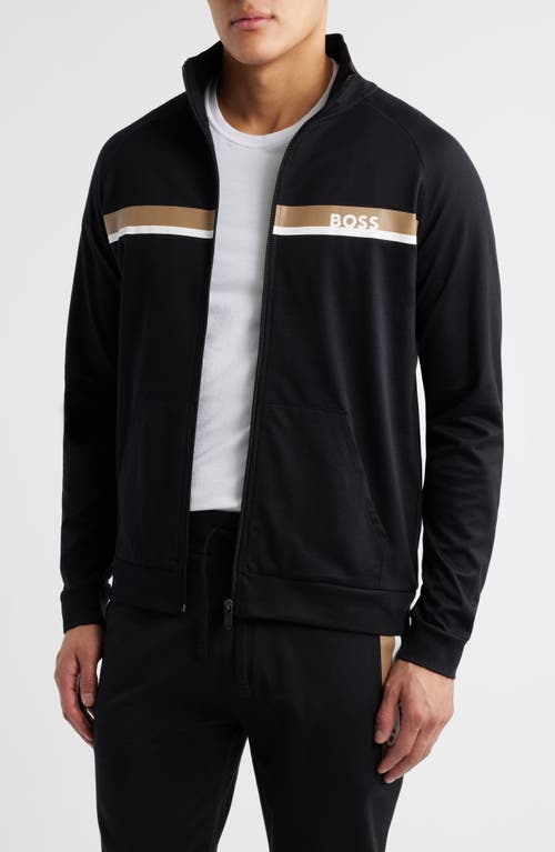 Hugo Boss Cotton-terry Zip-up Jacket With Metallic Logo In Black