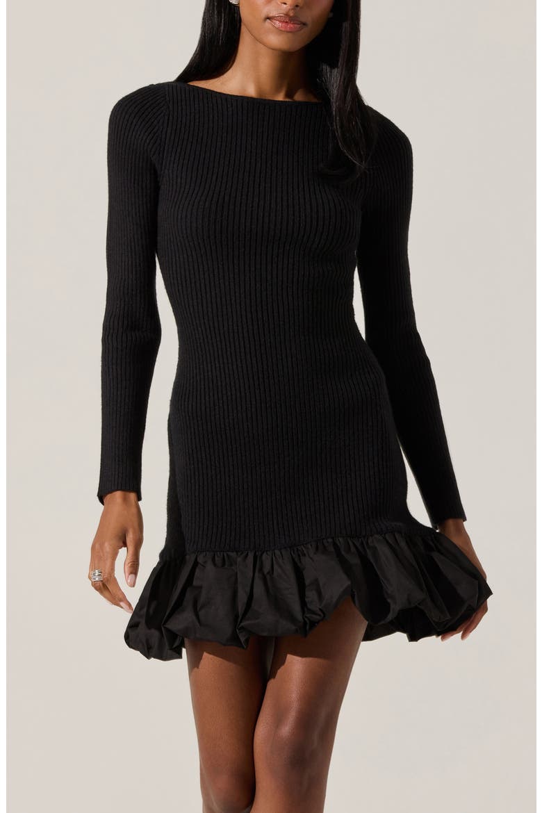 Carlene Long Sleeve Mixed Media Bubble Hem Minidress, Alternate, color, BLACK