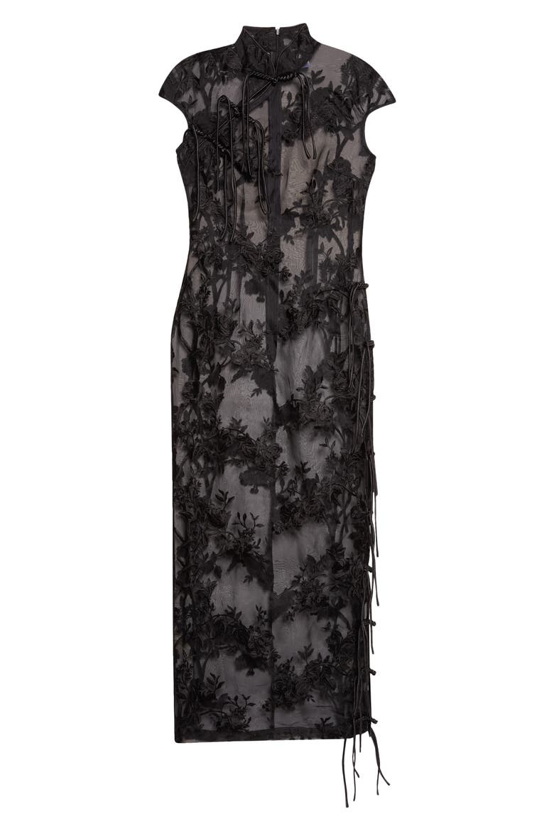 Xinyi Floral Embroidered Silk Organza Qipao Dress, Main, color, BLACK