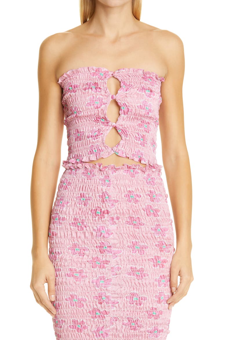 Floral Print Shirred Tube Top, Main, color, PINK DAISY