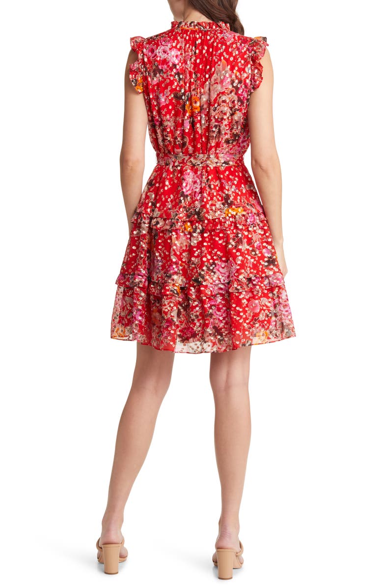 KOBI HALPERIN Brook Metallic Tie Waist Tiered Silk Blend Dress, Alternate, color, Flame Orange Multi