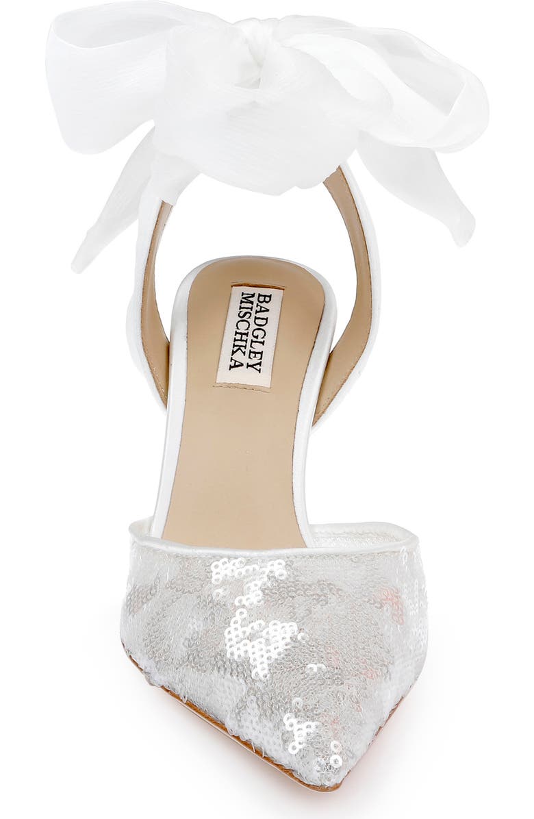 Badgley Mischka Bridal Blaze II Ankle Tie Pointed Toe Pump, Alternate, color, White Sequins
