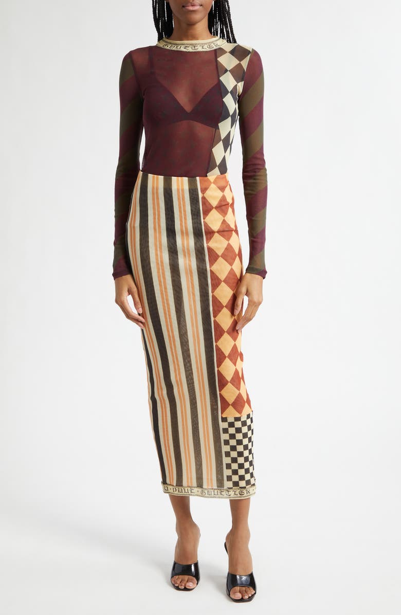 Jean Paul Gaultier Checkerboard Long Sleeve Mesh Top, Alternate, color, Burgundy Multicolor