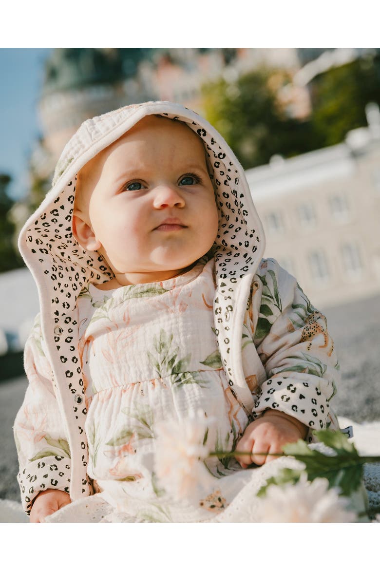 Muslin and Organic Cotton Jersey Reversible Deer and Leopard Printed Hooded Jacket, Alternate, color, Peach Deer Print