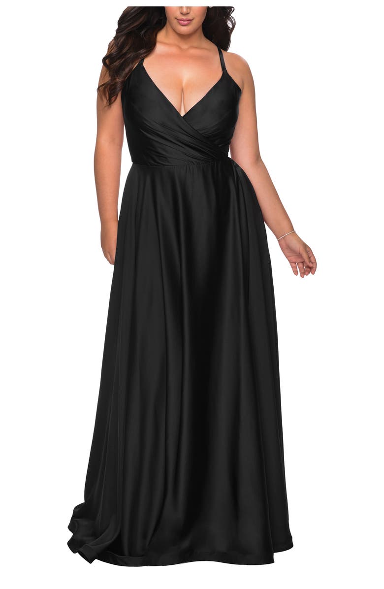 La Femme Satin A-line Plus Dress with Lace Up Back and Pockets, Alternate, color, Black