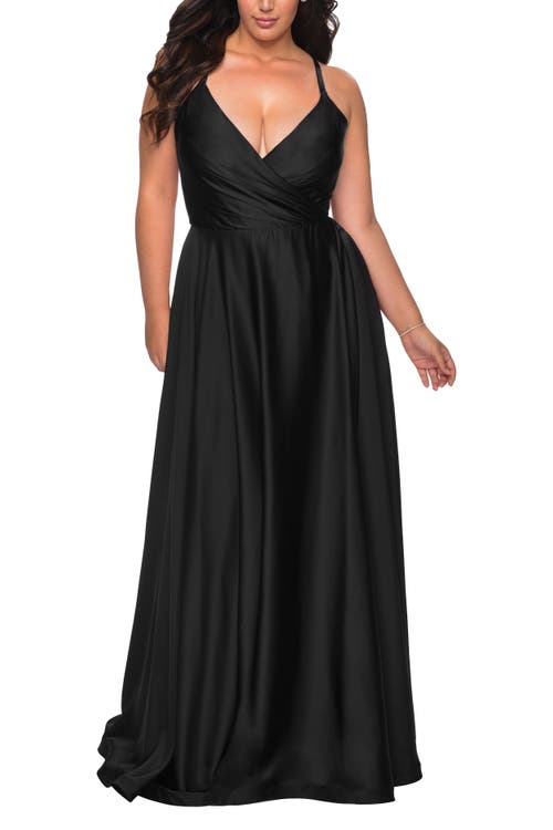 La Femme Satin A-line Plus Dress With Lace Up Back And Pockets