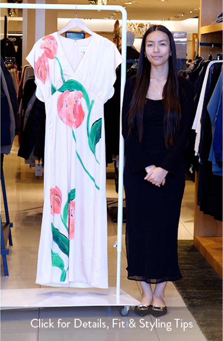 Madelyn Floral Flutter Sleeve Satin Maxi Dress, sales video thumbnail