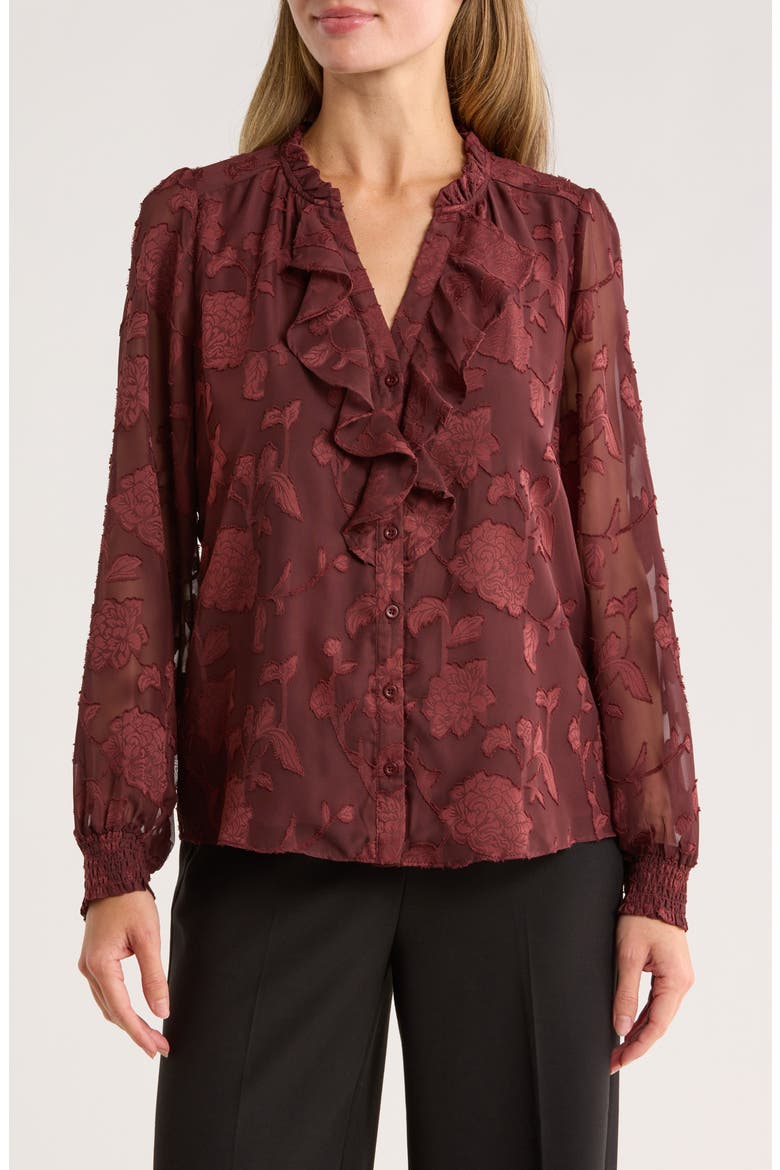 Romantic Ruffle Button-Up Shirt, Main, color, DEEP CRANBERRY