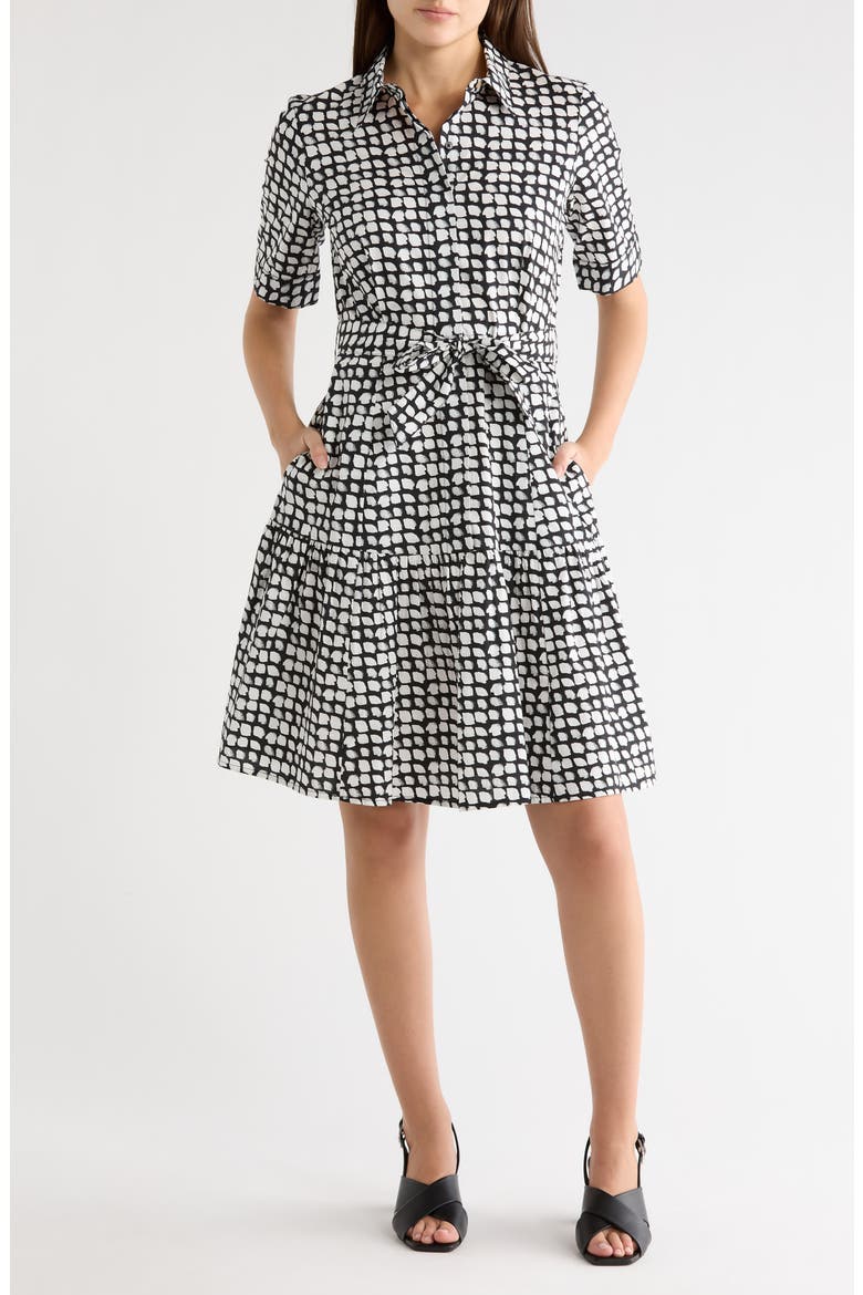 Geometric Short Sleeve Cotton Shirtdress, Main, color, BLACK/ CREAM