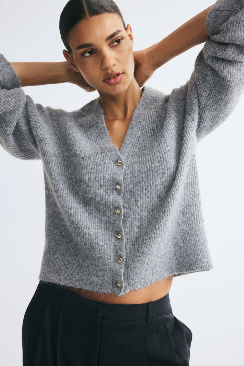 Rib-knit V-neck Cardigan, Alternate, color, Gray melange