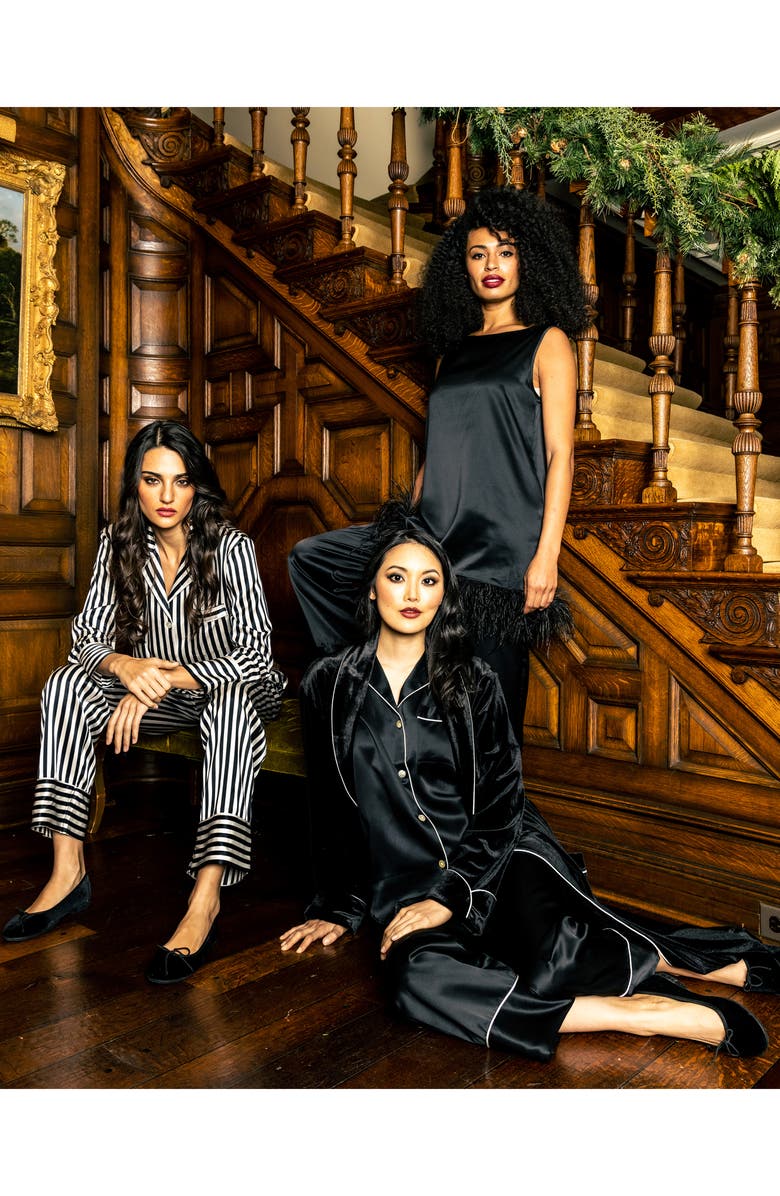 Petite Plume Contrast Piping Silk Pajamas, Alternate, color, Black