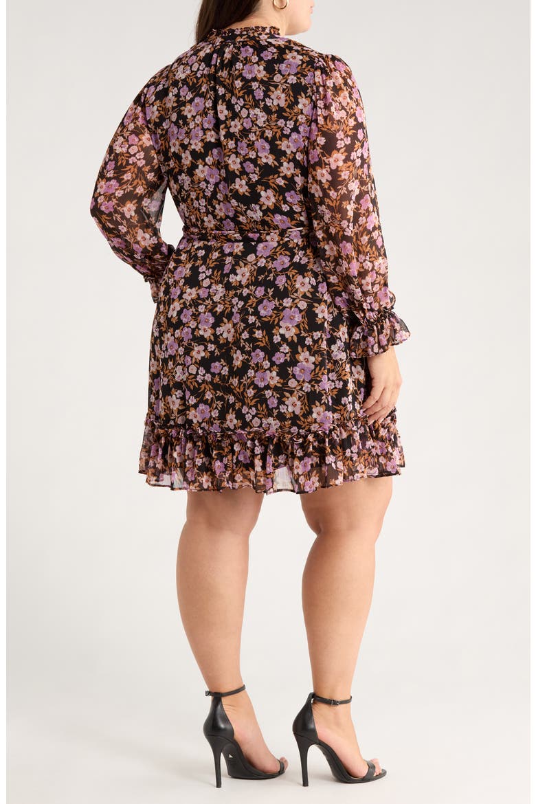 Floral Print Tie Waist Long Sleeve Dress, Alternate, color, RICH BLACK