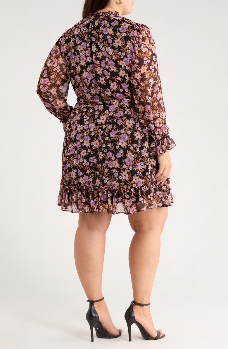 CeCe Floral Print Tie Waist Long Sleeve Dress, Alternate, color, Rich Black