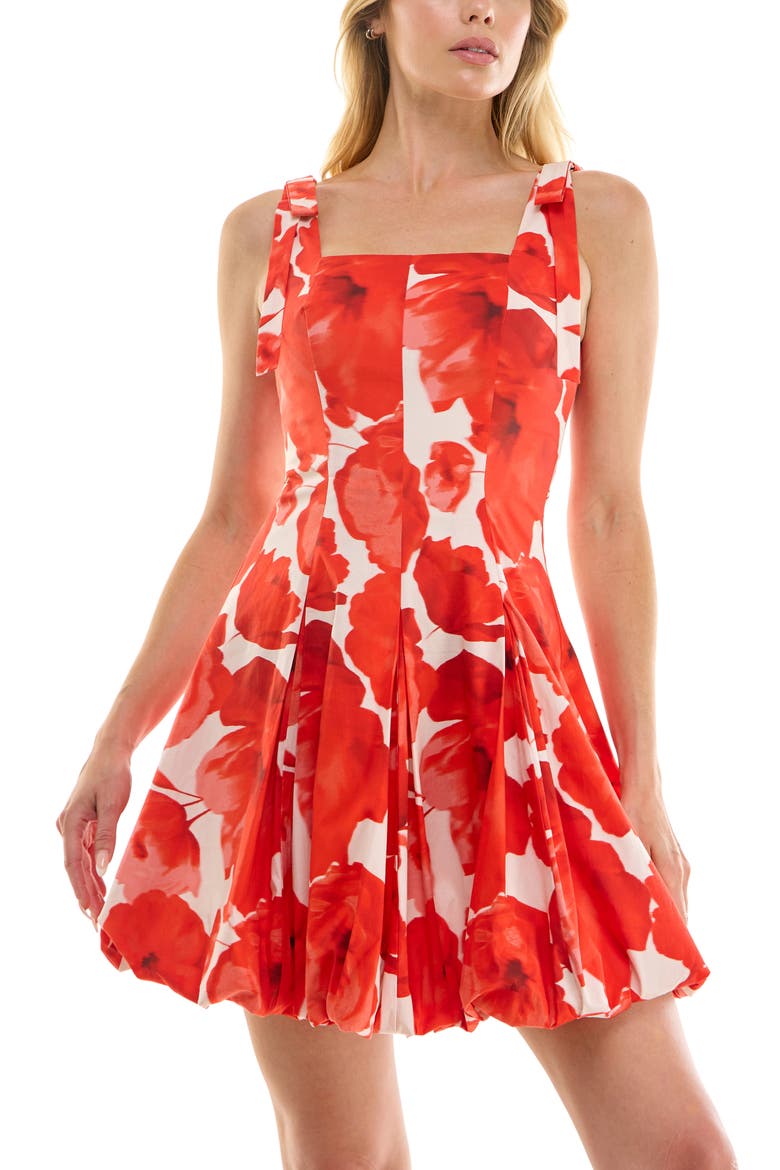 Floral Tie Strap Bubble Hem Stretch Cotton Minidress, Alternate, color, IVORY RED POPPY