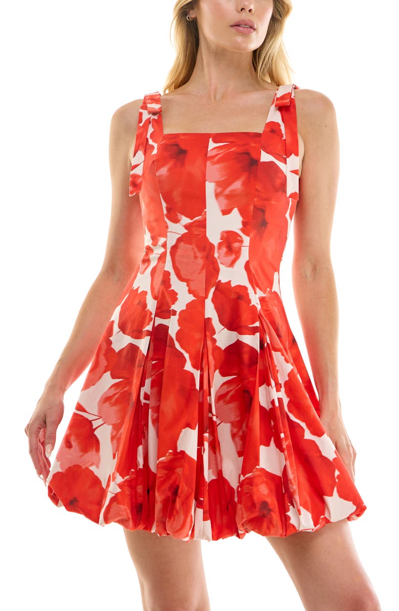 Socialite Floral Tie Strap Bubble Hem Stretch Cotton Minidress, Alternate, color, Ivory Red Poppy