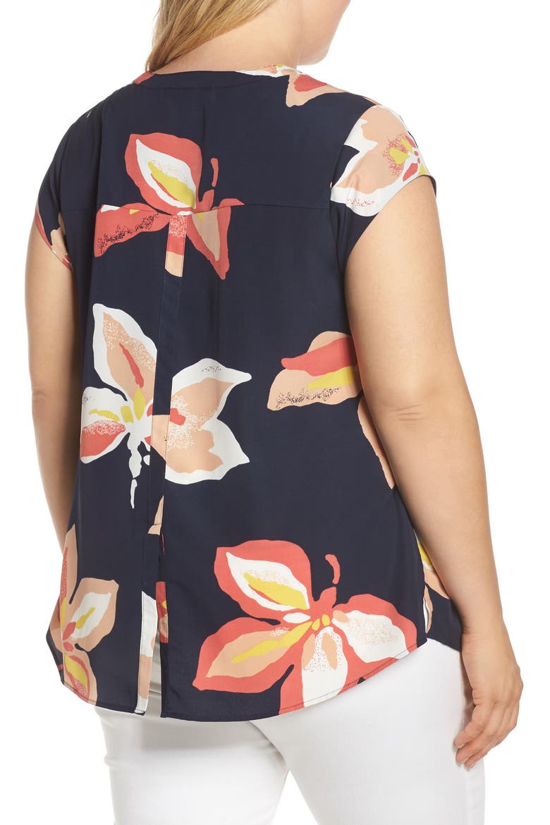 Daniel Rainn Floral Print Pintuck Top, Alternate, color, F369 INDIGO