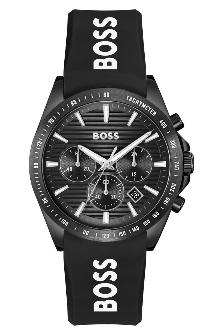 Strike Chronograph Silicone Strap Watch, 41mm, Main, color, BLACK