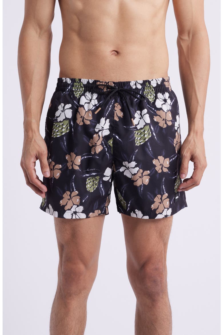 Piranha Floral Swim Trunks, Main, color, BLK