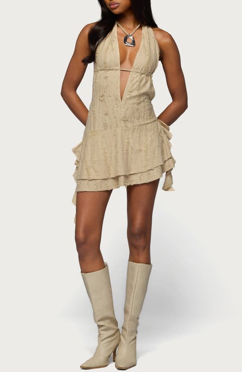 EDIKTED Distressed Halter Minidress in Tan at Nordstrom, Size X-Small
