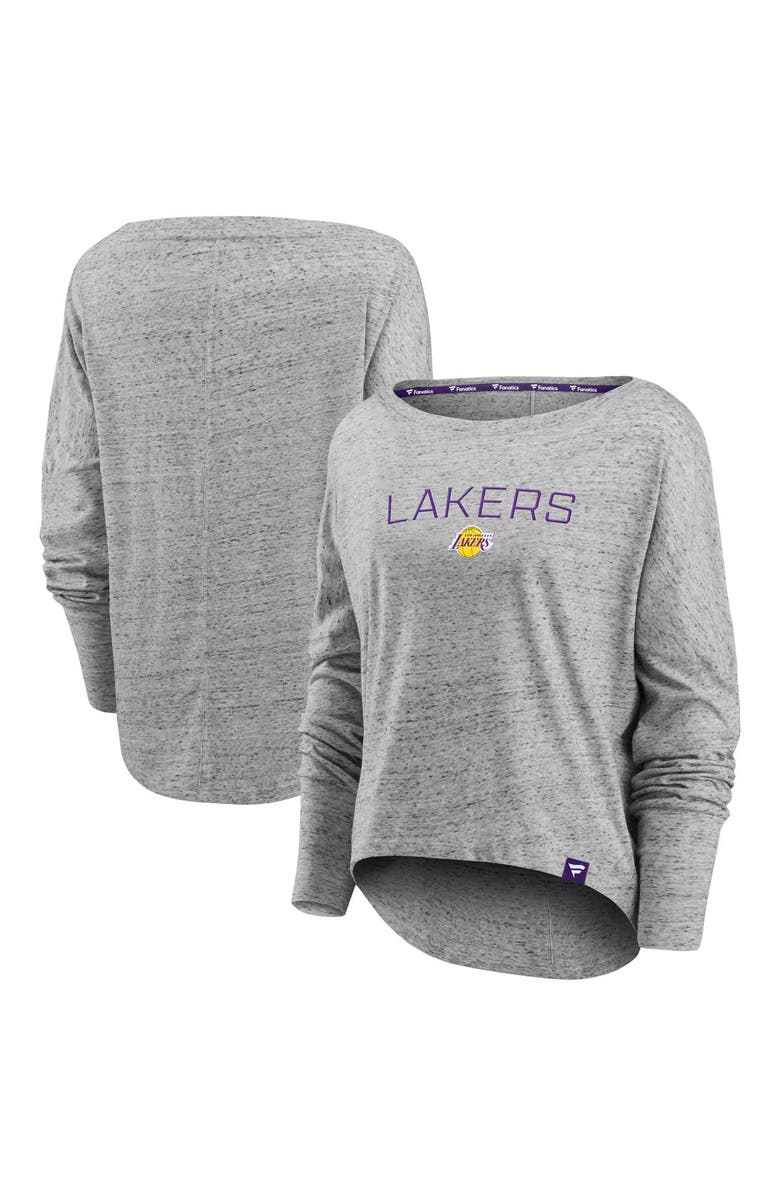 FANATICS Women's Fanatics Branded Heathered Gray Los Angeles Lakers Nostalgia Off-The-Shoulder Long Sleeve T-Shirt, Main, color, Heather Gray
