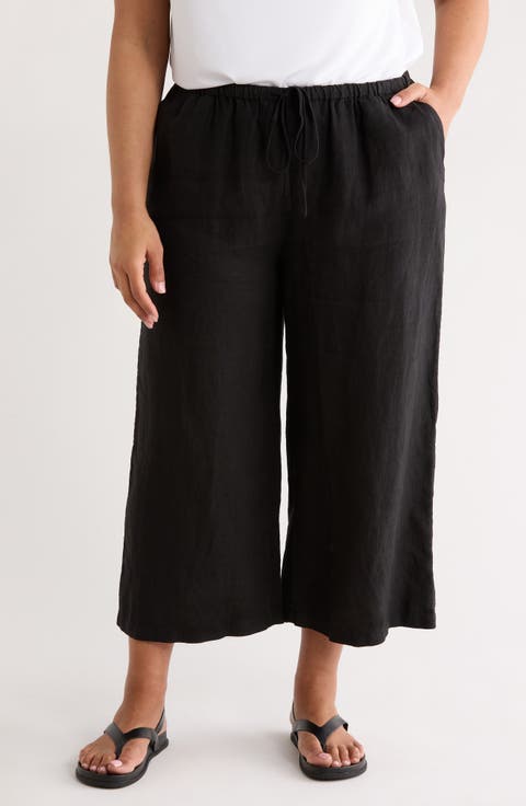 Wide Leg Crop Linen Pants (Plus)