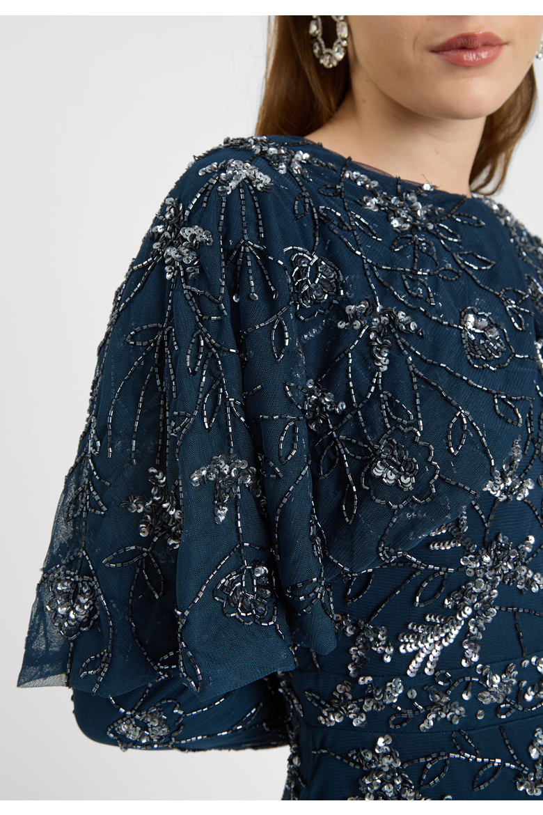 Modest Embellished Sequin Beaded Dress Maxi With Attacehd Cape, Alternate, color, NAVY