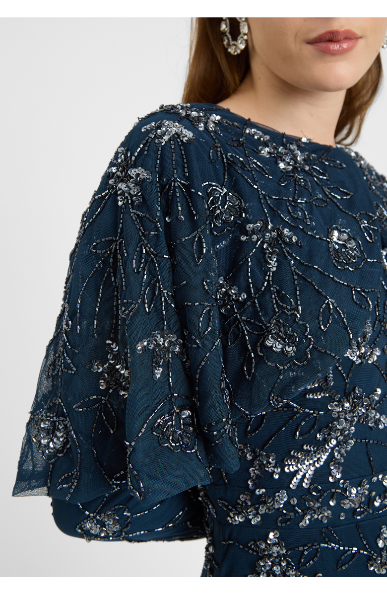 MARYISA Modest Embellished Sequin Beaded Dress Maxi With Attacehd Cape, Alternate, color, Navy