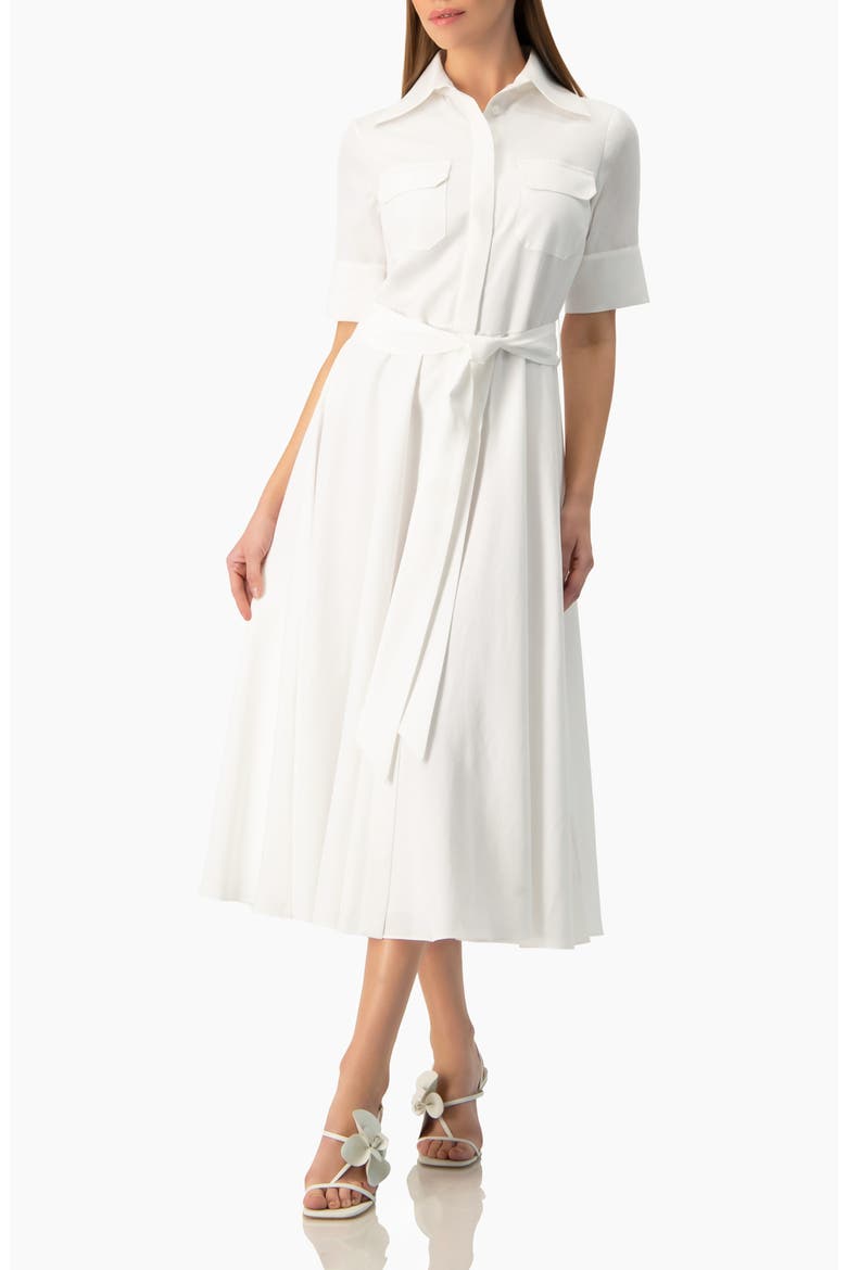 Patch-Pocket Belted Button-Front Midi Shirt Dress, Main, color, White