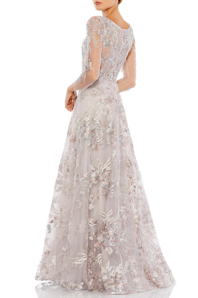 Appliqued Illusion Long Sleeve A Line Gown, Alternate, color, VINTAGE LILAC