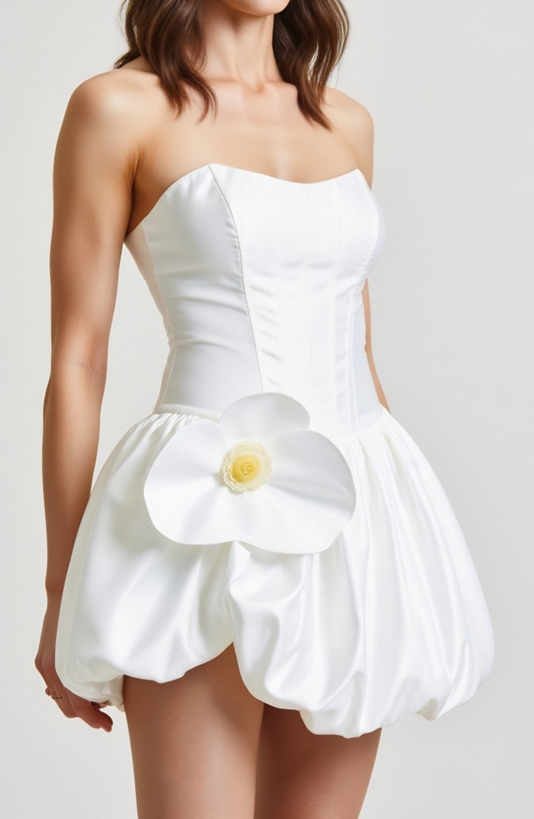 Modenaire Strapless Bubble Skirt Corset Mini Dress with 3D Floral Accent, Alternate, color, White