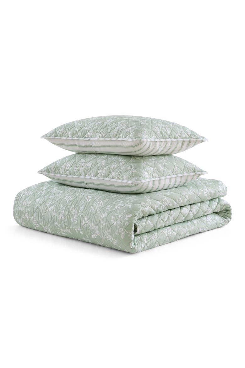 French Bird Floral Reversible Quilt Set, Main, color, GREY GREEN/ WHITE