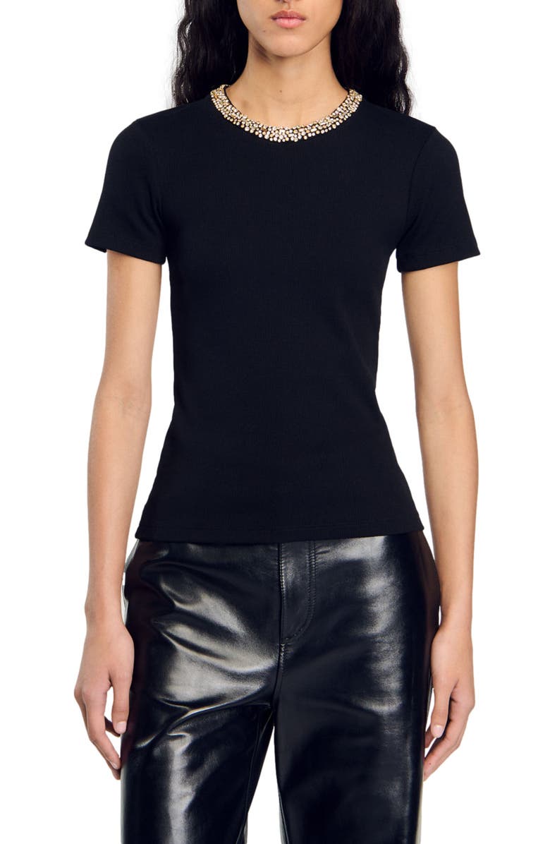 SANDRO T-shirt with rhinestone trim, Alternate, color, 