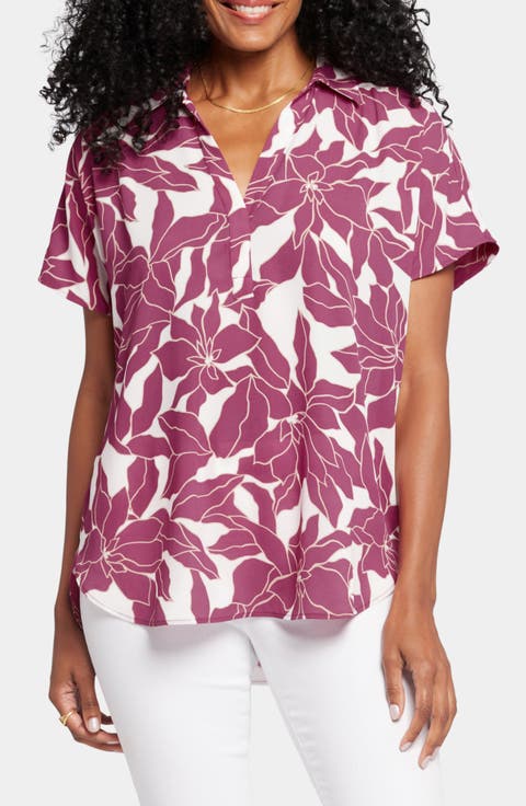 Becky Leaf Print Split Neck Woven Top