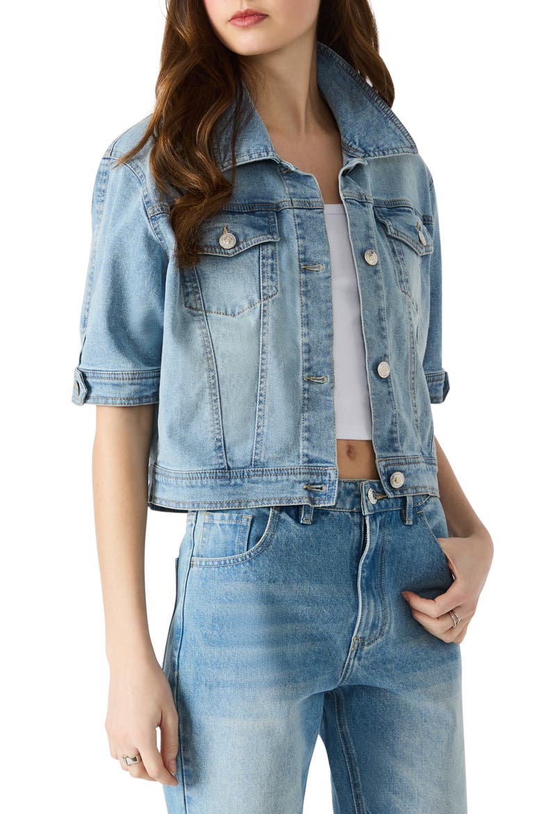 Blu Elbow Sleeve Denim Trucker Jacket, Main, color, MEDI BLUE DENIM