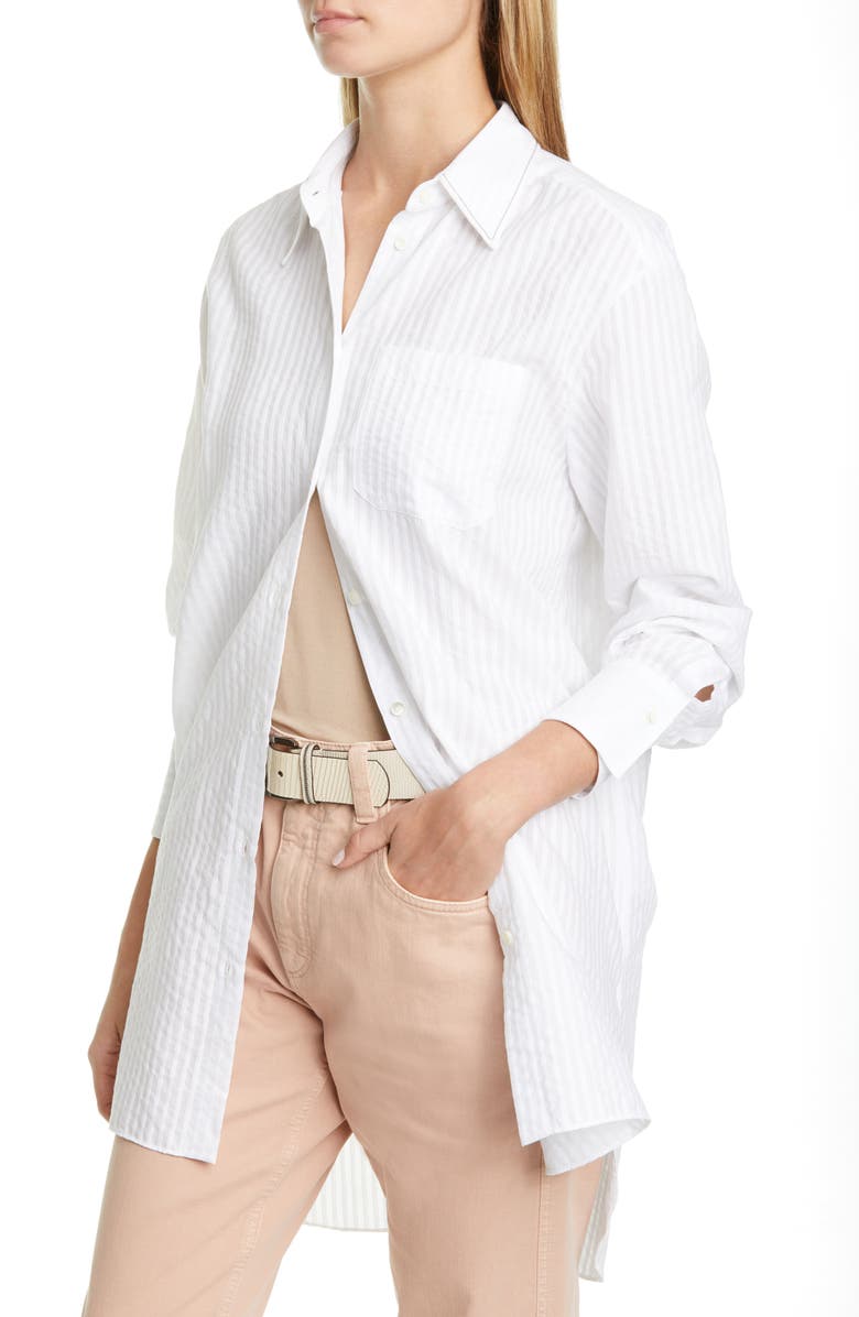 Brunello Cucinelli Seersucker Stripe High/Low Cotton Shirt, Alternate, color,