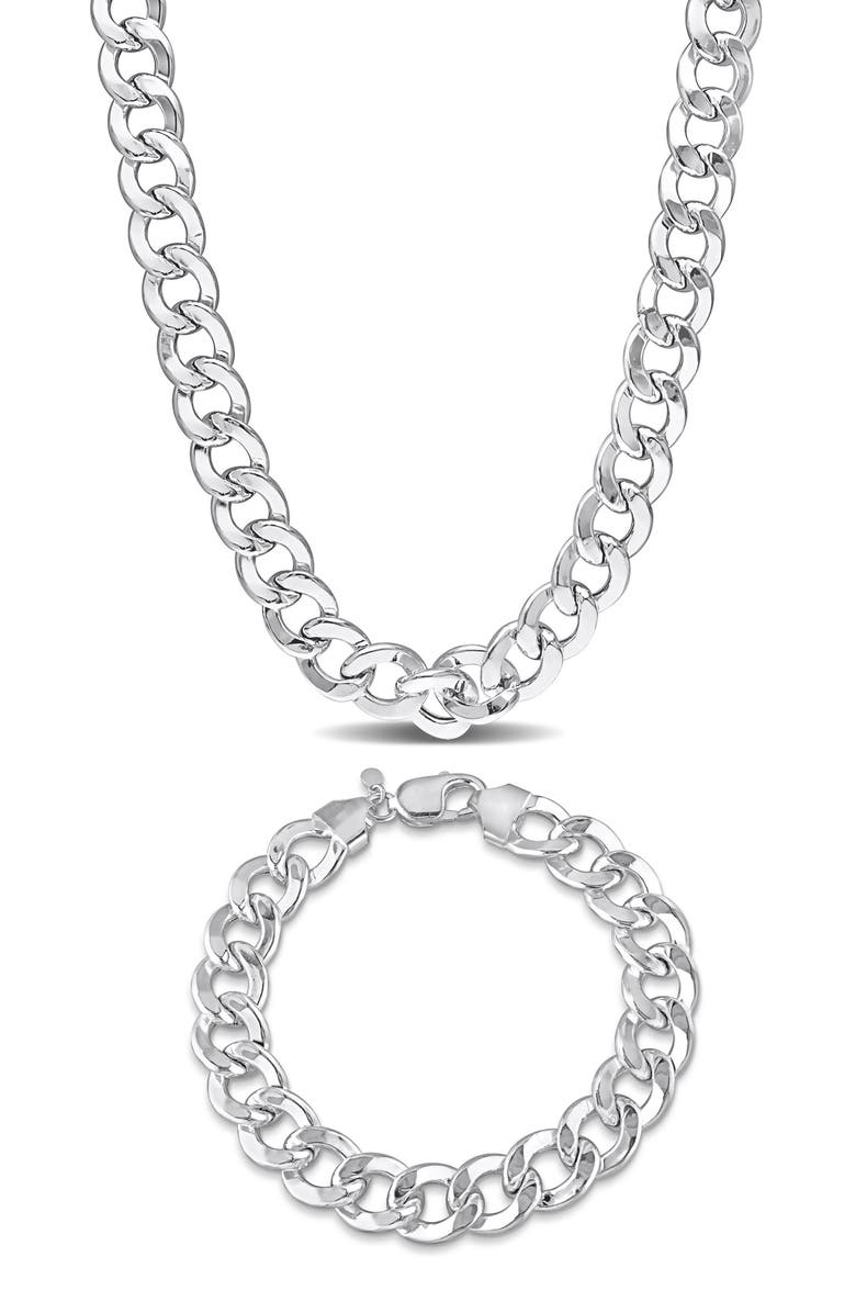 DELMAR Men's Curb Chain Necklace & Bracelet Set, Main, color, White Gold