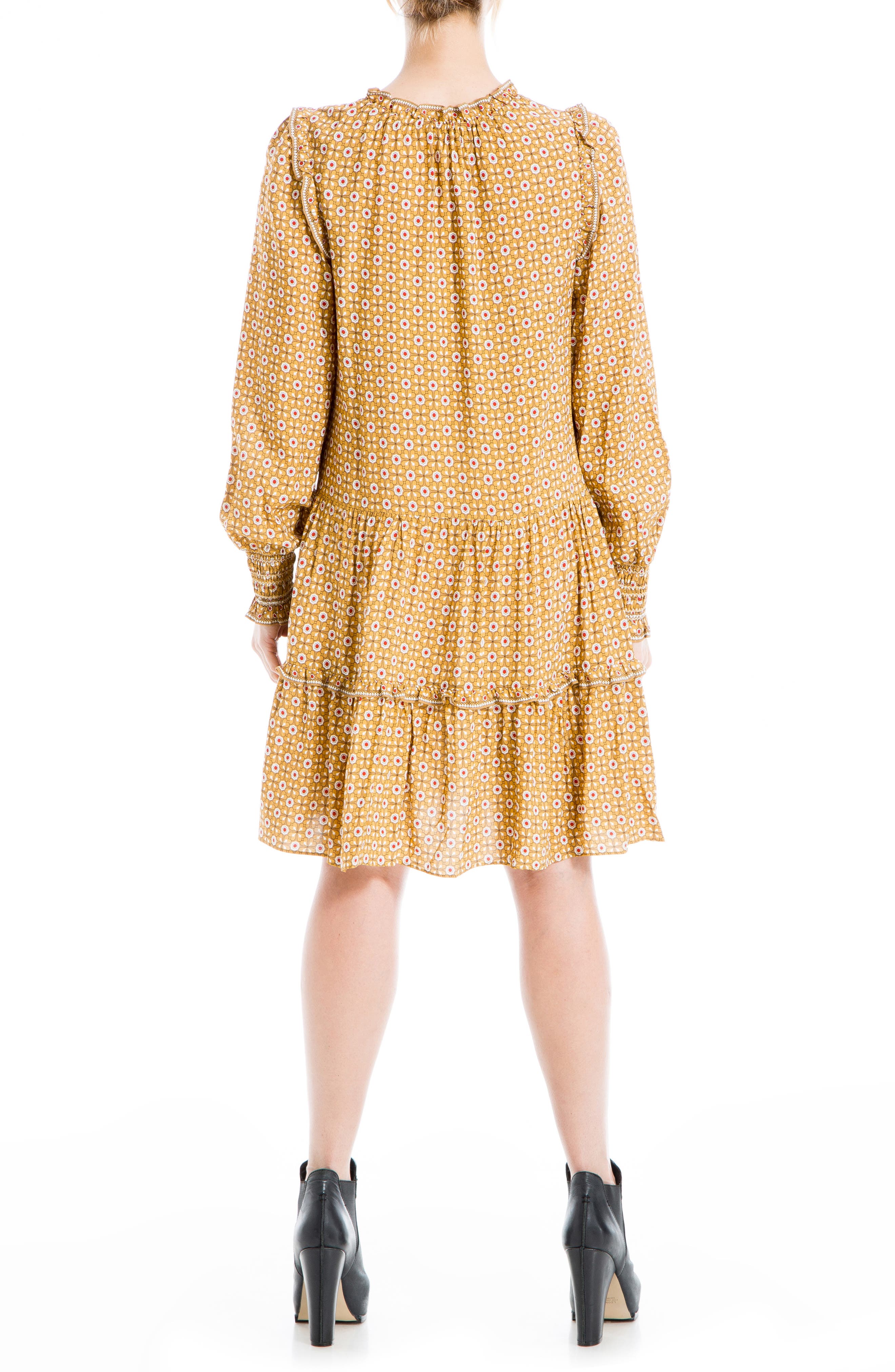 MAX STUDIO Tie Neck Long Sleeve Tiered Short Dress (Women) | Nordstromrack
