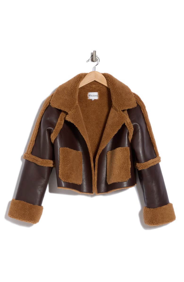 Vigoss Faux Shearling Trimmed Faux Leather Jacket, Alternate, color, Chocolate