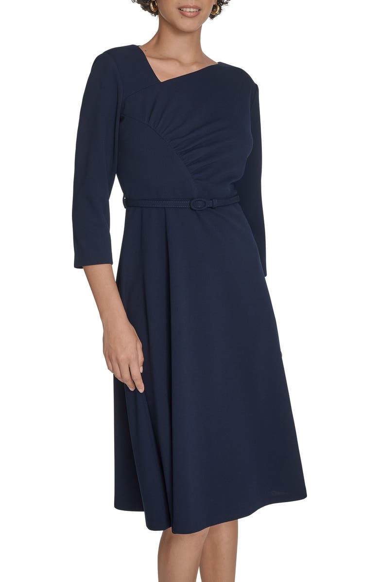 Calvin Klein Asymmetric Neck Belted Fit & Flare Midi Dress, Alternate, color, Indigo