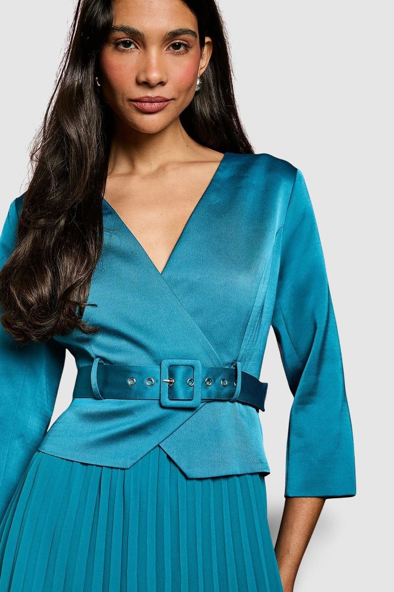 Satin Bodice Pleat Skirt Midi Dress, Alternate, color, Teal