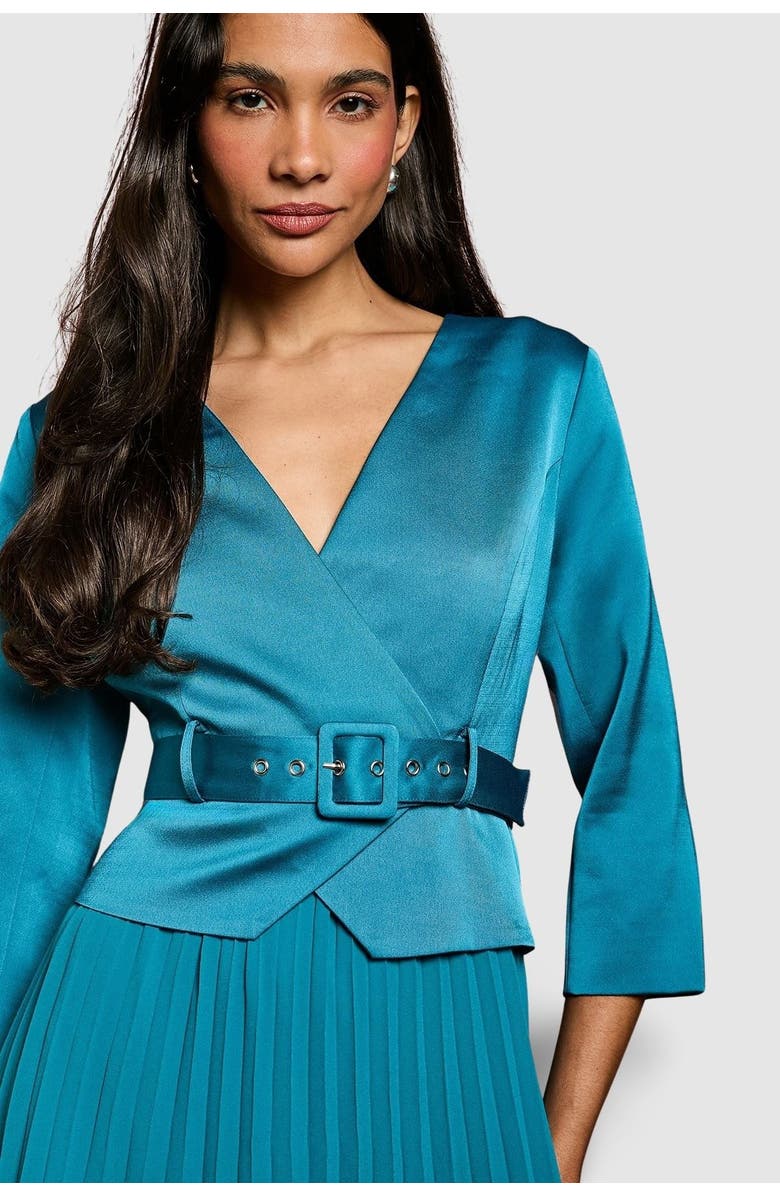 Coast Satin Bodice Pleat Skirt Midi Dress, Alternate, color, Teal