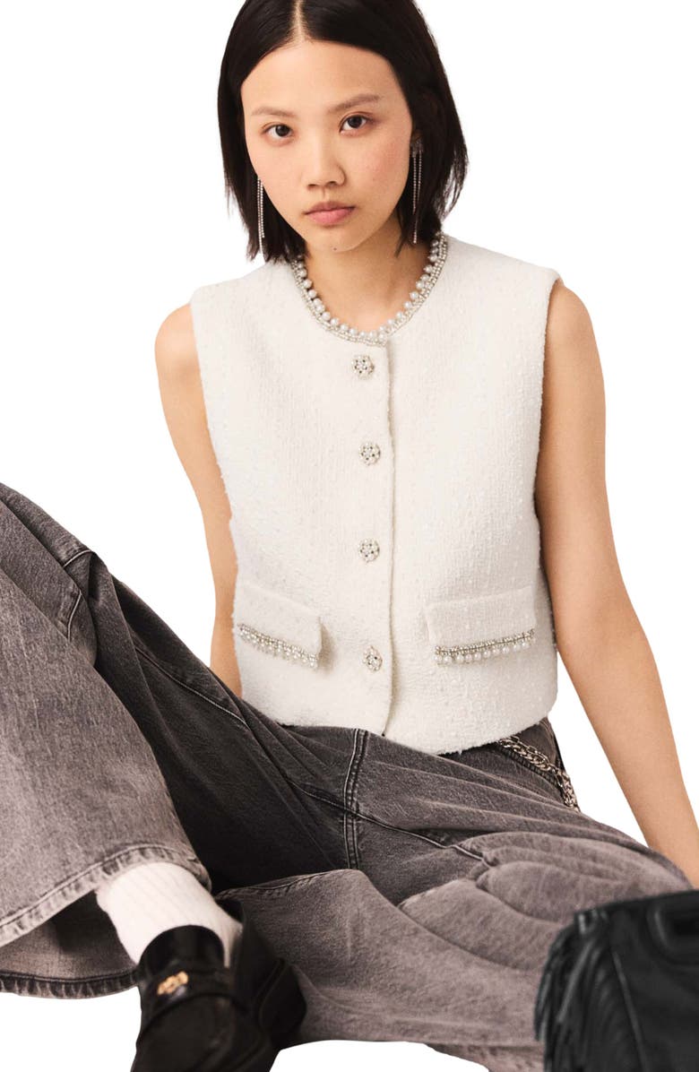 maje Beaded tweed jacket, Alternate, color, Ecru