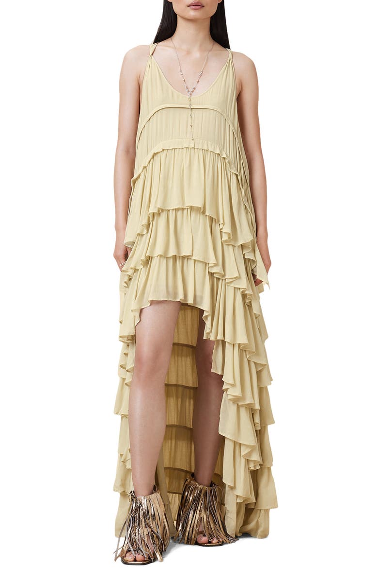 AllSaints Cavarly Tiered Ruffle High-Low Dress, Main, color, 