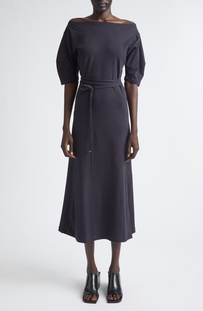 Lemaire Off the Shoulder Cotton & Linen Jersey Midi Dress, Main, color, Urchin