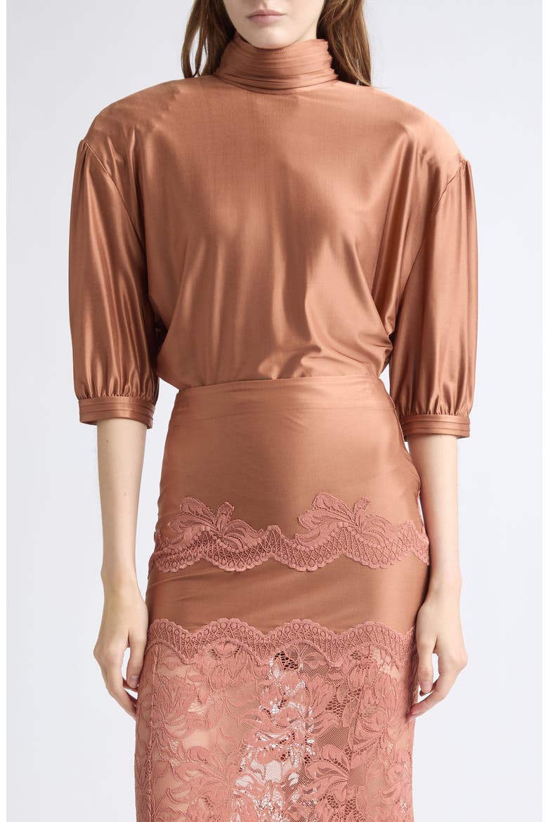 Puff Sleeve Ruched Mock Neck Top, Main, color, NEW CARAMEL