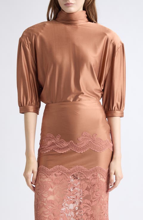 Puff Sleeve Ruched Mock Neck Top